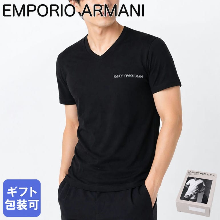 Rakuten - 10日-11日1:59はエントリー最大28倍★エンポリオ アルマーニ EMPORIO ARMANI Tシャツ Vネック 半袖 カットソー アンダーウェア ワンポイント ロゴ入り 2枚パック 全3サイズ メンズ ブラック EM000392 AF14132 MC005 MADE IN ITALY