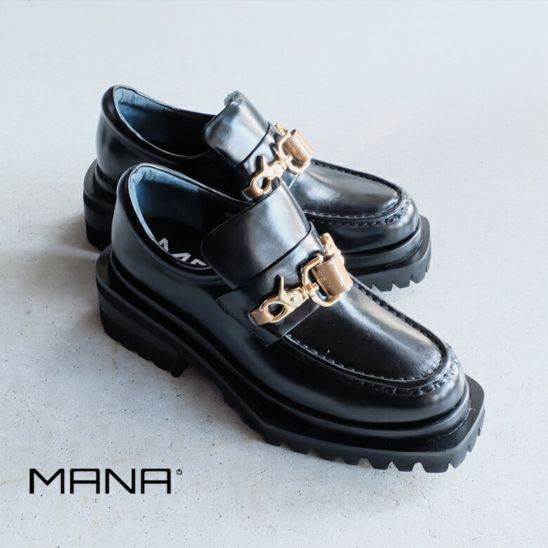 MANA マナ レディース ローファー 厚底 黒 ビットローファー 楽チン モード 本革（mana551206）