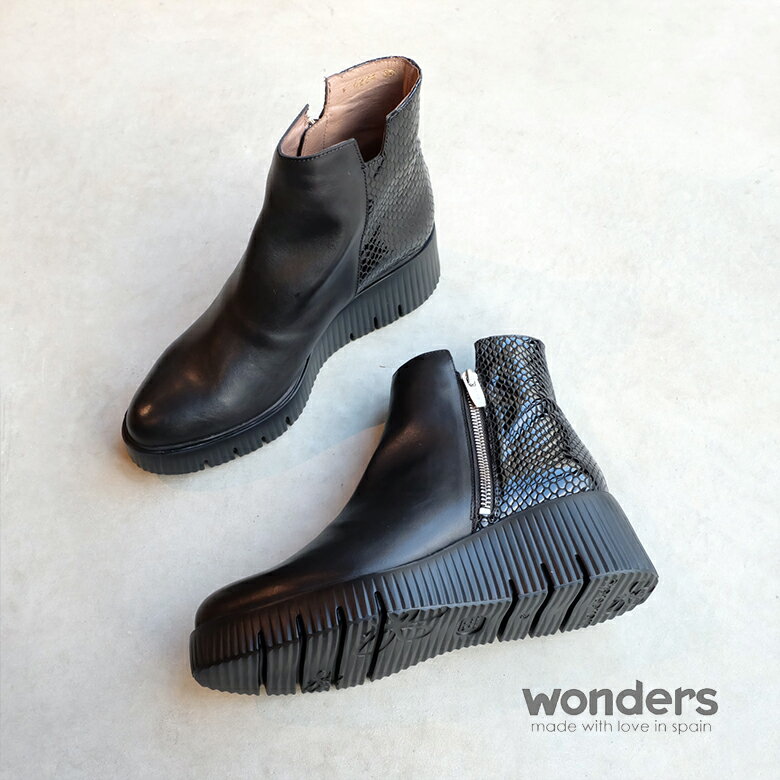 【SALE】wonders ワンダーズ ショートブーツ 厚底 ブラック 黒 本革 サイドジップ 履きやすい おしゃれ（wonders6224）インポートシューズ【w1】