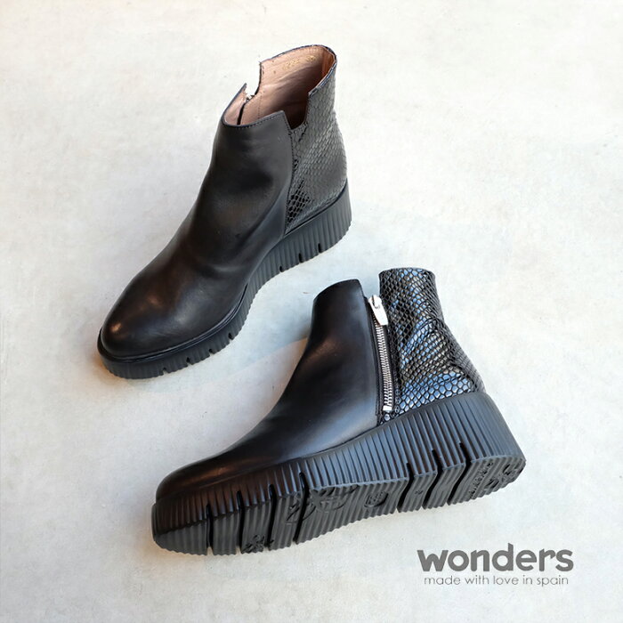 【SALE】wonders ワンダーズ ショートブーツ 厚底 ブラック 黒 本革 サイドジップ 履きやすい おしゃれ（wonders6224）インポートシューズ【w1】