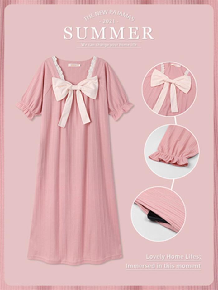 ルームワンピース ルームウェア レディース リボン付き 可愛い パジャマ ワンピース 綿 部屋着 半袖 春夏 かわいい 女性 ナイトウェア 膝丈 肌に優しい ギ...