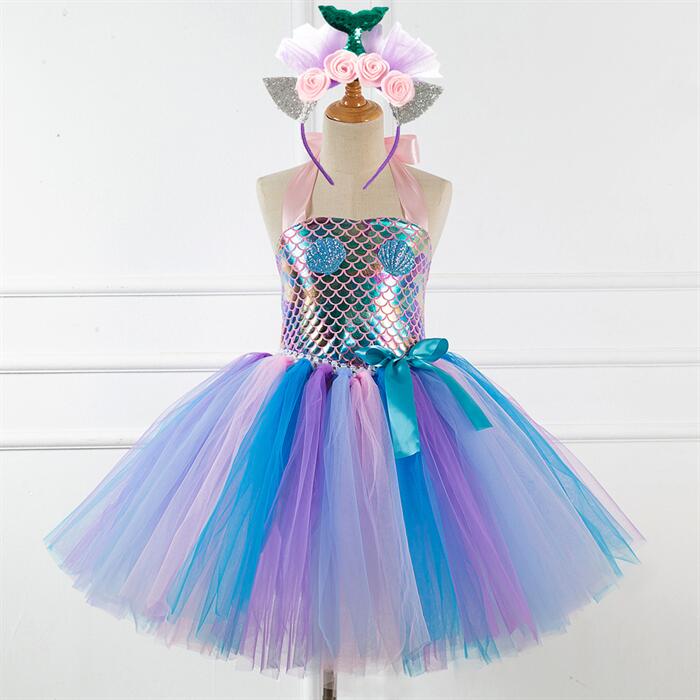 子供ドレス ワンピース　チュールスカート フォーマルドレス 女の子ドレス 頭飾り　プリンセスドレス　チュチュスカートきらきら　キラキラ　人魚姫 チュチュドレス ドレス カラフル ステージ 発表会 イベント グループ　チーム 文化祭 学園祭 七五三 卒業式 結婚式