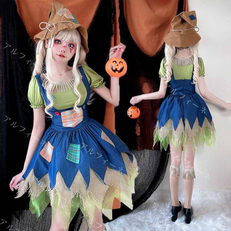 Rakuten - 2023 新作　4点セット ハロウイン衣装 コスプレ仮装 案山子　かかし魔女 ハロウインコスチューム ジョーカー ピエロ 小悪魔　巫女 ドレス 変装 ジュニア 女の子 かわいい ワンピース 演出服 ステージ衣装 文化祭 学園祭 変装 余興 クリスマス イベント　ウィッチ