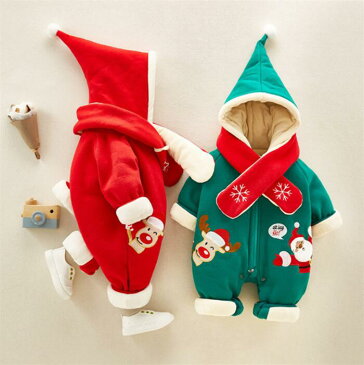 ベビー ロンパース クリスマス衣装 2点セット 着ぐるみ ネックウォーマー フード付き ベビー服 新生児服 あったか カバーオール 男の子 女の子 寝袋 秋冬 パジャマ クリスマス 出産祝い トナカイ サンタクロース