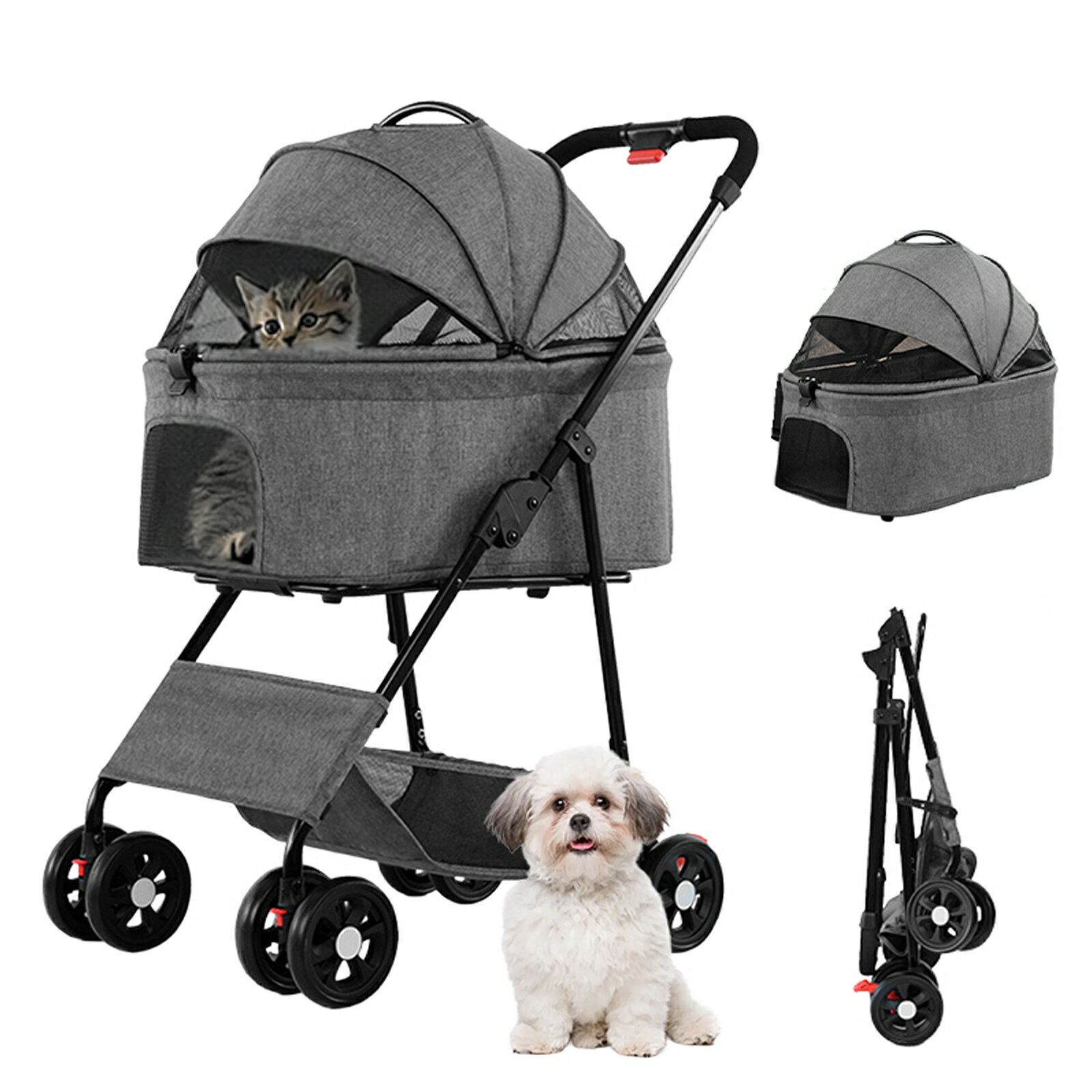 Rakuten - ペットカート 犬 猫用 バギー 4輪 分離型 折りたたみ式 小型犬 中型犬 多頭対応 ペットキャリーカート ワンタッチ折り畳み 前輪360°回転 後輪ブレーキ付 広い空間 通気窓 通気性 飛び出し防止 耐荷重20KG 安定性 組み立て簡単 コンパクト 外出 旅行 買い物 散歩