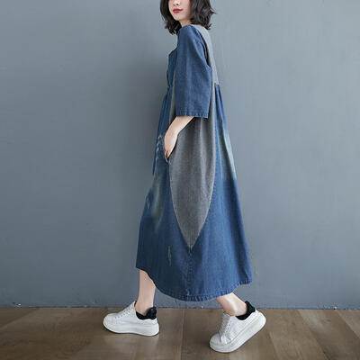 ワンピース ドレス シャツ ロング ミディアム丈 スカート デニム ダメージ ステッチ ポケット プルオーバー 送料無料 7分袖 レディース おしゃれ かわいい 大人可愛い きれいめ 上品 こなれ感 シンプル 主役級 存在感 レトロ カジュアル ゆったり M L XL 2XL 体型カバー