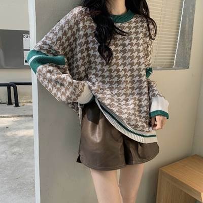 Crew Neck - トップス セーター プルオーバー ニット 長袖 送料無料 レディース クルーネック かわいい 大人可愛い きれいめ 上品 こなれ感 シンプル カジュアル 主役級 存在感 フェミニン ガーリー モダン 千鳥格子 ラフ オーバーサイズ フリーサイズ キャメル ブラック モカ 学生 秋 冬