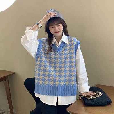 トップス プルオーバー ベスト ニット 羽織 長袖 送料無料 Vネック 千鳥格子 ノースリーブ レディース かわいい 大人可愛い きれいめ 上品 こなれ感 シンプル カジュアル 主役級 存在感 ビッグシルエット かっこいい ラフ ボーイッシュ ユニセックス 通学 学生 ブルー