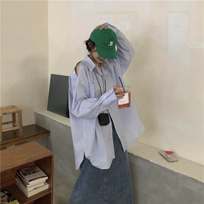 ブラウス シャツトップス 羽織 送料無料 長袖 ストライプ オープンショルダー 襟付き 前開き オーバーサイズ レディース かわいい 大人可愛い きれいめ 上品 こなれ感 シンプル カジュアル 主役級 存在感 個性的 ラフ ルーズ ゆったり 楽ちん ブラウス フリーサイズ OL 学生
