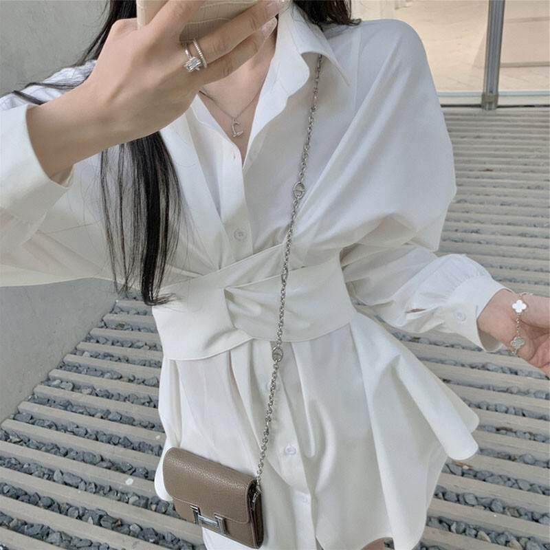 ワンピース シャツ ドレス スカート 送料無料 襟付き ボタン 長袖 ベルト ウエストマーク ハイウエスト レディース かわいい 大人可愛い きれいめ 上品 こなれ感 シンプル カジュアル 主役級 存在感 個性的 ガーリー セクシー ワンピース ブルー ホワイト カーキ S M L