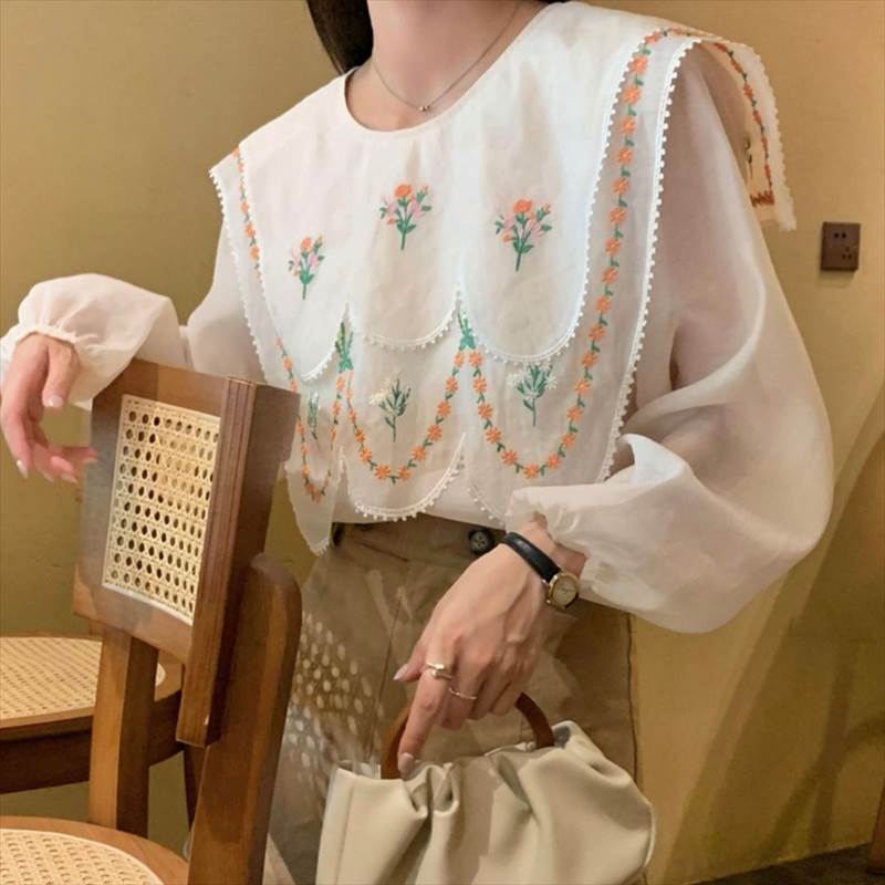 ブラウス シャツ トップス カットソー 送料無料 長袖 襟付き ビッグカラー スカラシップ ボリューム袖 レディース かわいい 大人可愛い きれいめ 上品 こなれ感 シンプル カジュアル 主役級 存在感 個性的 春 フェミニン レトロ クラシック ブラウス フリーサイズ デート