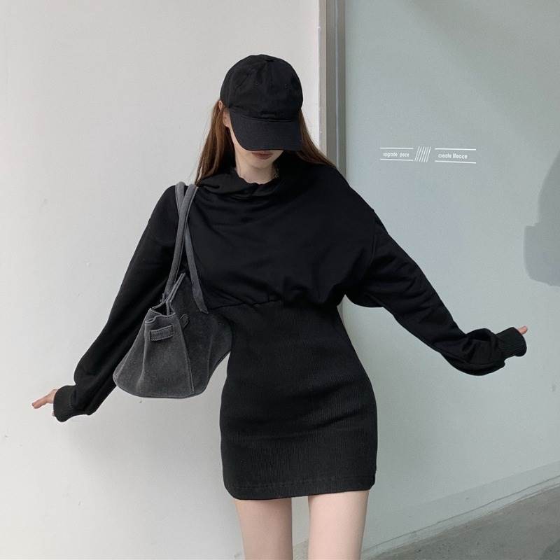 ワンピース スカート ミ二丈 ショート丈 フーディー 送料無料 長袖 プルオーバー パーカー ハイウエスト レディース かわいい 大人可愛い きれいめ 上品 こなれ感 シンプル カジュアル 主役級 存在感 個性的 ガーリー お出かけ デート 華奢 ワンピース ブラック S M L 脚長