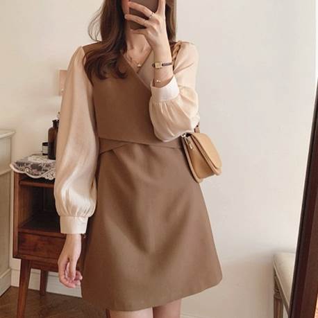 ワンピース スカート ミニ丈 ショート丈 送料無料 ドッキング 長袖 パフスリーブ ウエストマーク レディース かわいい 大人可愛い きれいめ 上品 こなれ感 シンプル カジュアル 主役級 存在感 個性的 モダン フェミニン デート お出かけ ワンピース モカ ブラック S M L XL