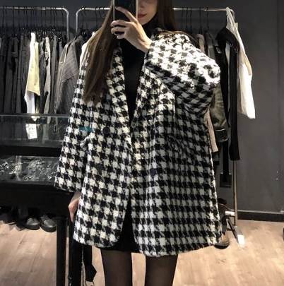 乐天商城 - コート 千鳥格子 アウター 上着 羽織 ミディアム丈 送料無料 前開き 長袖 オーバーサイズ 襟付き ダブルブレスト レディース かわいい 大人可愛い きれいめ 上品 こなれ感 シンプル カジュアル 主役級 存在感 個性的 お出かけ ホワイト ブラック コート L XL 2XL 3XL 4XL