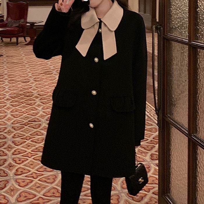 乐天商城 - コート ベルテッド アウター 上着 羽織 送料無料 前開き 長袖 リボンカラー メタルボタン 襟付き Aライン レディース かわいい 大人可愛い きれいめ 上品 こなれ感 シンプル カジュアル 主役級 存在感 個性的 ガーリー 学生 デート お出かけ 冬 コート ブラック XS S M L