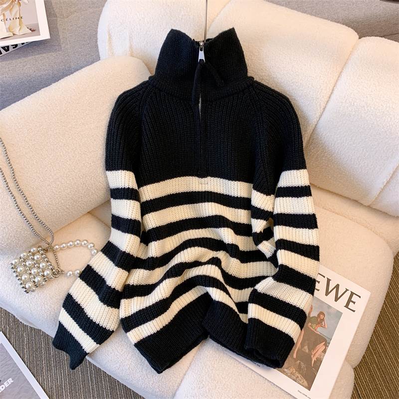 Rakuten - セーター ニット トップス プルオーバー 送料無料 長袖 ハーフジップ タートルネック レディース かわいい 大人可愛い きれいめ 上品 こなれ感 シンプル カジュアル 主役級 存在感 個性的 レトロ デート 学生 ママ 普段使い お出かけ コーデ セーター S M L ボーダー 秋 冬