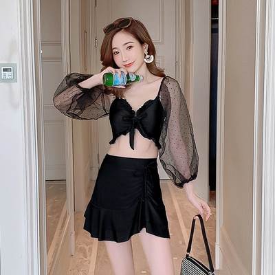 ビキニ 水着 スイムウェア セパレート 送料無料 パフスリーブ 3点セット 胸元 レディース かわいい 大人可愛い きれいめ 上品 こなれ感 シンプル カジュアル 主役級 存在感 個性的 夏 ビーチ プール 旅行 リゾート ガーリー キュート ビキニ ブラック グレー M L XL 透け感