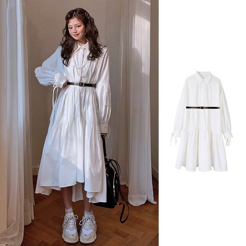 ワンピース スカート ミモレ丈 ロング丈 送料無料 長袖 襟付き ボタン フィッシュテール ティアード ウエストマーク フレア レディース かわいい 大人可愛い きれいめ 上品 こなれ感 シンプル カジュアル 主役級 存在感 個性的 ガーリー フェミニン ピース ホワイト S M L XL