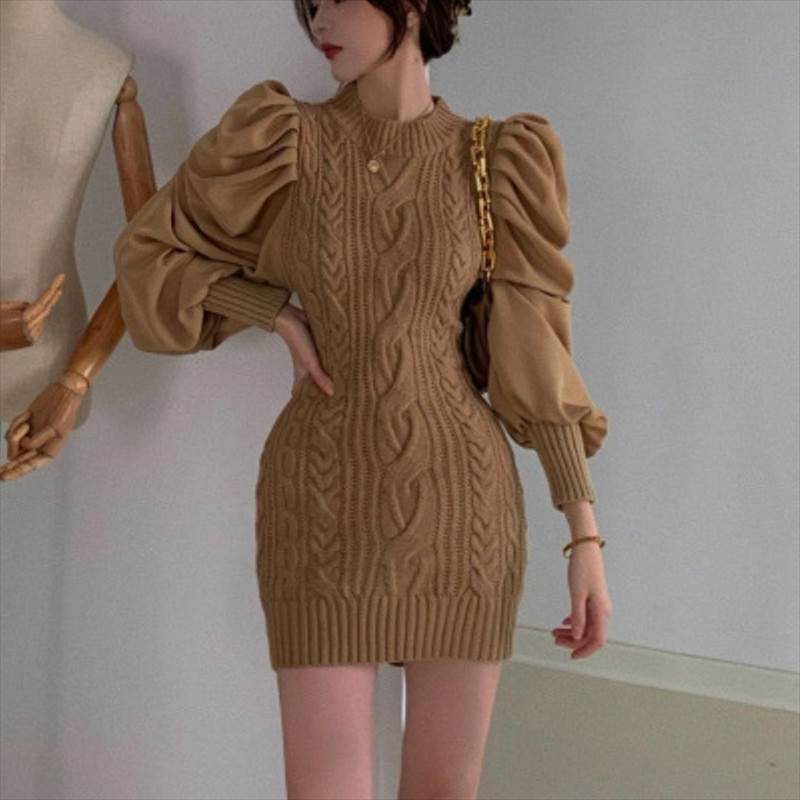ワンピース スカート ミニ丈 ショート丈 送料無料 異素材MIX ニット 長袖 パフスリーブ タイト 細身 レディース かわいい 大人可愛い きれいめ 上品 こなれ感 シンプル カジュアル 主役級 存在感 個性的 モダン フェミニン デート お出かけ ワンピース ベージュ S M L XL