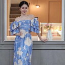 ワンピース スカート ロング丈 ドレス 送料無料 花柄 オフショルダー 半袖 パフスリーブ フリル 2way ウエストマーク レディース かわいい 大人可愛い きれいめ 上品 こなれ感 シンプル カジュアル 主役級 存在感 個性的 リゾート フェミニン ワンピース ブルー S M L XL(4)