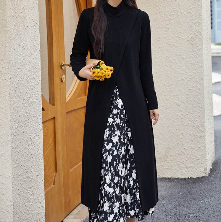セットアップ ワンピース スカート ロング丈 送料無料 長袖 フレア ウエストゴム ボタニカル レディース かわいい 大人可愛い きれいめ 上品 こなれ感 シンプル カジュアル 主役級 存在感 個性的 フェミニン デート お出かけ セットアップ モノトーン ブラック L XL 2XL