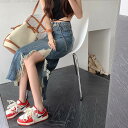 スカート ロング丈 デニム 送料無料 ハイウエストダメージ加工 フリンジ スリット レディース かわいい 大人可愛い きれいめ 上品 こなれ感 シンプル カジュアル 主役級 存在感 個性的 かっこいい クール ルーズ 美脚 デート 学生 OL お出かけ スカート ブルー S M L XL(4)