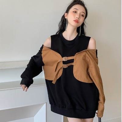 ワンピース スカート ミニ丈 ショート丈 送料無料 ラウンドネック フェイクレイヤード 長袖 オフショルダー 肩出し レディース かわいい 大人可愛い きれいめ 上品 こなれ感 シンプル カジュアル 主役級 存在感 個性的 モダン デート お出かけ ワンピース ブラック S M L