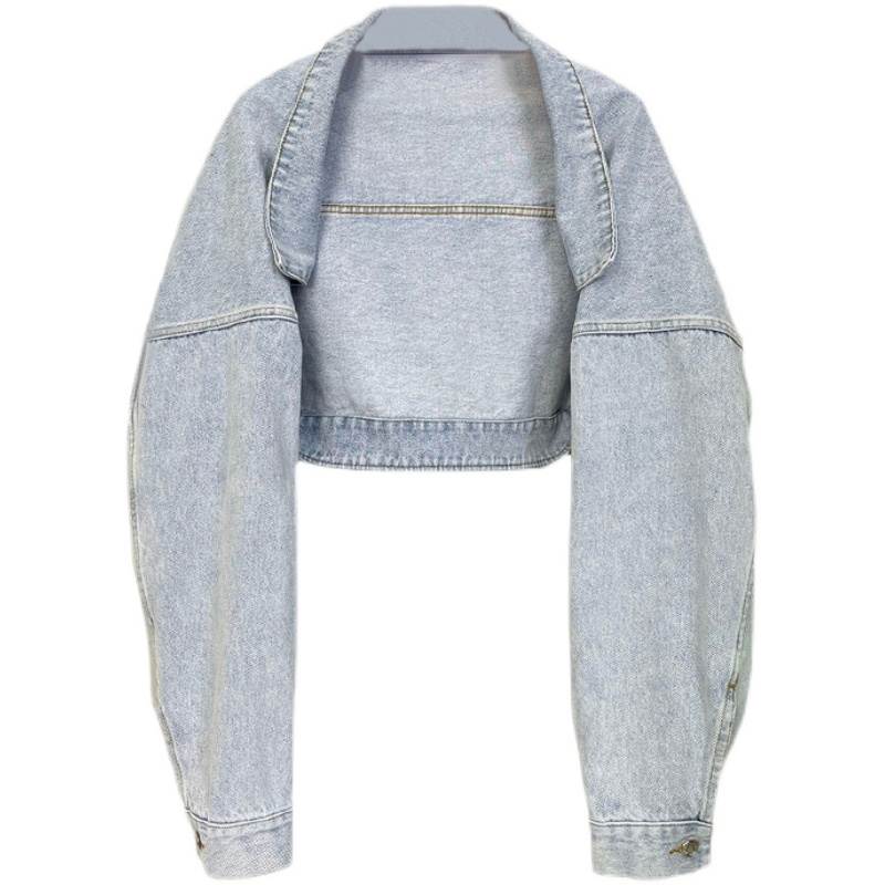 ジャケット デニム アウター クロップド丈 ショート丈 羽織 上着 送料無料 長袖 前開き ボレロ ラウンドネック レディース かわいい 大人可愛い きれいめ 上品 こなれ感 シンプル カジュアル 主役級 存在感 個性的 かっこいい お出かけ カーキ ブラック ジャケット S M L XL