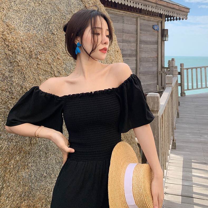 オールインワン つなぎ ロング丈 送料無料 オフショルダー 肩出し 5分袖 パフスリーブ ハイウエスト レディース かわいい 大人可愛い きれいめ 上品 こなれ感 シンプル カジュアル 主役級 存在感 個性的 モダン フェミニン デート お出かけ オールインワン ブラック S M L