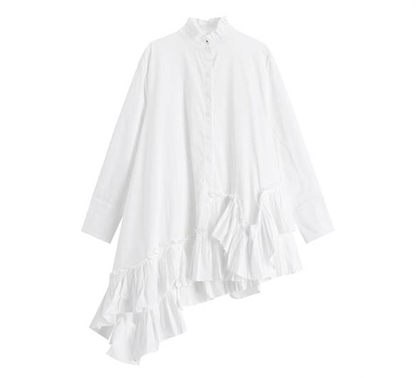 シャツワンピース スカート ひざ丈 トップス 送料無料 前開き ボタン 長袖 フリル スタンドカラー アシンメトリー レディース かわいい 大人可愛い きれいめ 上品 こなれ感 シンプル カジュアル 主役級 存在感 個性的 モテ シャツワンピース ホワイト ブラック フリーサイズ