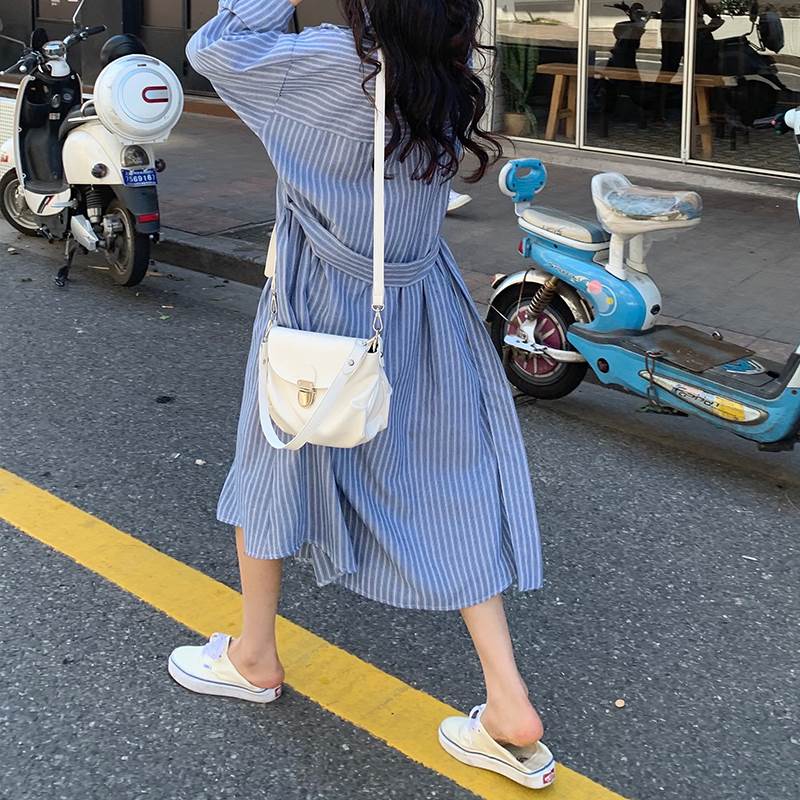 シャツワンピース スカート ミモレ丈 ロング丈 ドレス 送料無料 前開き 襟付き ボタン ベルト レディース かわいい 大人可愛い きれいめ 上品 こなれ感 シンプル カジュアル 主役級 存在感 個性的 モダン フェミニン デート お出かけ シャツワンピース ストライプ ワンサイズ