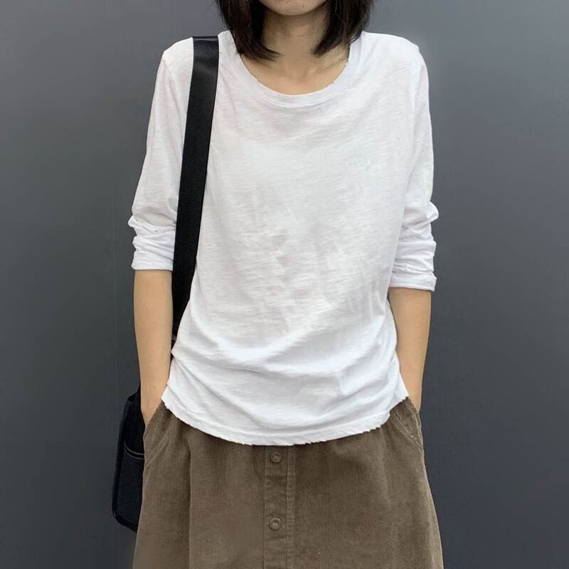 Plain - カットソー トップス プルオーバー シャツ 送料無料 長袖 ラウンドカラー 無地 かわいい 大人可愛い きれいめ 上品 こなれ感 シンプル カジュアル 主役級 存在感 個性的 普段使い フリーサイズ カットソー ホワイト グレー ブラック クラレッド イエロー グリーン ブラウン