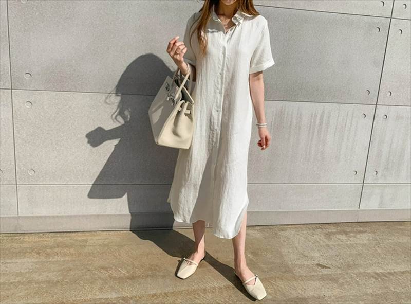 シャツワンピース スカート ミモレ丈 ロング丈 送料無料 無地 半袖 襟付き 前開き ボタン レディース かわいい 大人可愛い きれいめ 上品 こなれ感 シンプル カジュアル 主役級 存在感 個性的 リゾート フェミニン S M L XL シャツワンピース ベージュ ホワイト ブラック