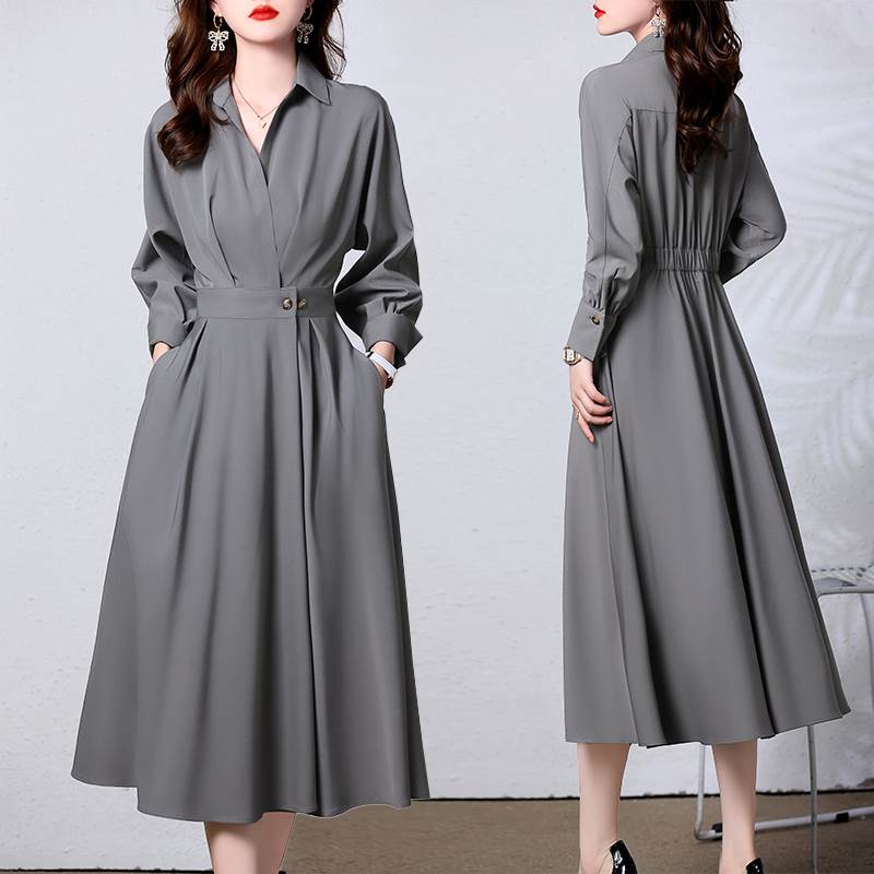 ワンピース シャツ ロング丈 送料無料 襟付き 長袖 ウエストマーク フレア Aライン 脚長 レディース かわいい 大人可愛い きれいめ 上品 こなれ感 シンプル カジュアル 主役級 存在感 個性的 フェミニン デート お出かけ カーキ グレー ピンク ワンピース M L XL 2XL 3XL