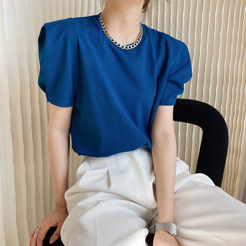 カットソー トップス プルオーバー シャツ 送料無料 半袖 ラウンドカラー パフスリーブ レディース かわいい 大人可愛い きれいめ 上品 こなれ感 シンプル カジュアル 主役級 存在感 個性的 フェミニン スタイリッシュ M L カットソー ブルー ホワイト ブラック ベージュ