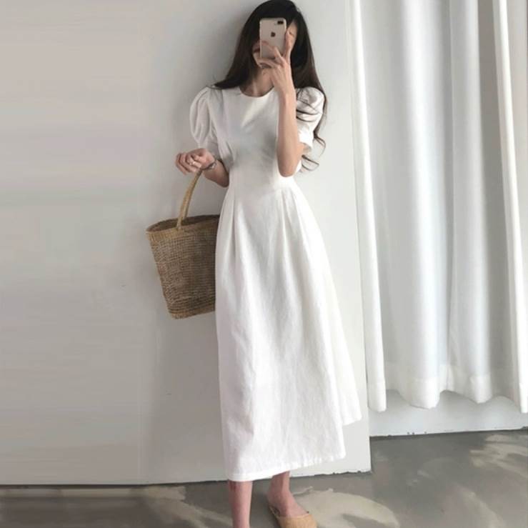 乐天商城 - ワンピース スカート ミモレ丈 ロング丈 送料無料 クルーネック 半袖 パフスリーブ ウエストマーク Aライン レディース かわいい 大人可愛い きれいめ 上品 こなれ感 シンプル カジュアル 主役級 存在感 個性的 フェミニン お出かけ ワンピース ホワイト テラコッタ S M