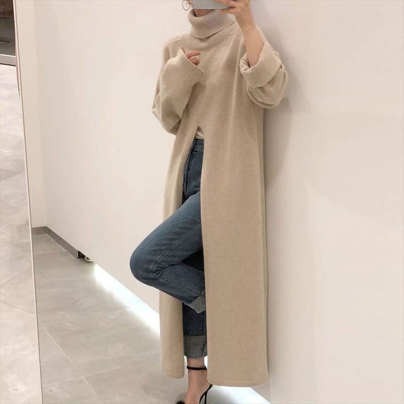 ワンピース スカート ロング丈 プルオーバー ニット 送料無料 タートルネック 長袖 スリット レディース かわいい 大人可愛い きれいめ 上品 こなれ感 シンプル カジュアル 主役級 存在感 個性的 フェミニン デート お出かけ ワンピース ベージュ ブラック フリーサイズ