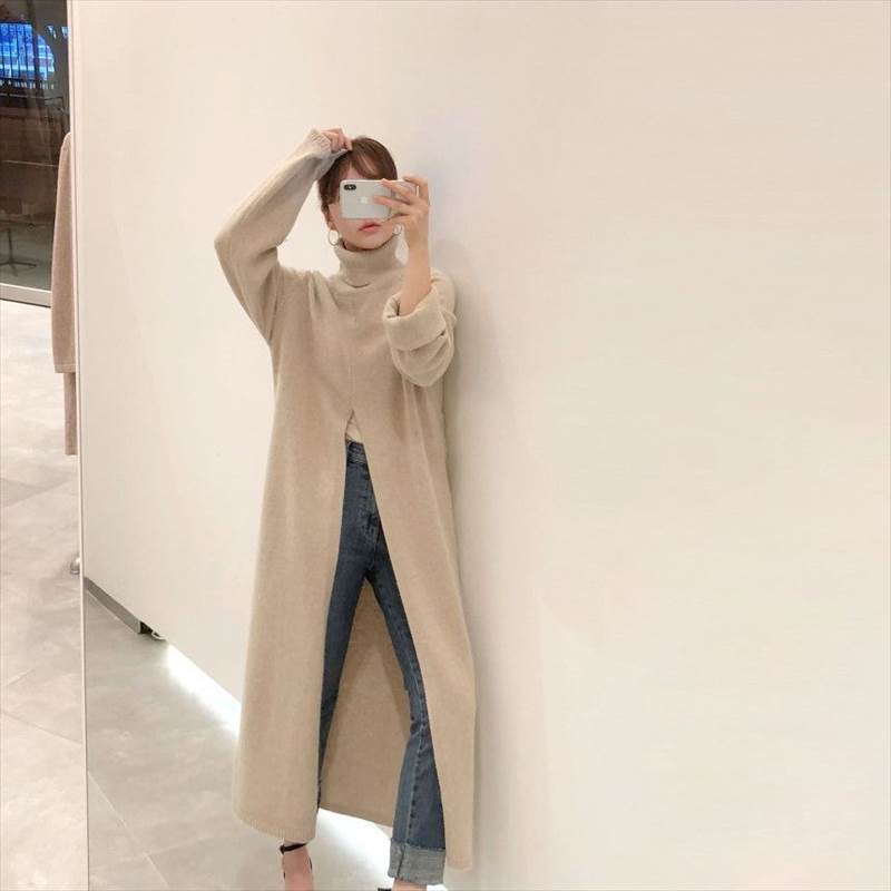 ワンピース スカート ロング丈 プルオーバー ニット 送料無料 タートルネック 長袖 スリット レディース かわいい 大人可愛い きれいめ 上品 こなれ感 シンプル カジュアル 主役級 存在感 個性的 フェミニン デート お出かけ ワンピース ベージュ ブラック フリーサイズ