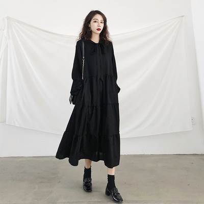 ワンピース スカート ミモレ丈 ロング丈 ティアード プルオーバー 送料無料 リボンタイ 長袖 レディース かわいい 大人可愛い きれいめ 上品 こなれ感 シンプル カジュアル 主役級 存在感 個性的 フェミニン かっこいい デート お出かけ ワンピース ブラック XS S M L XL