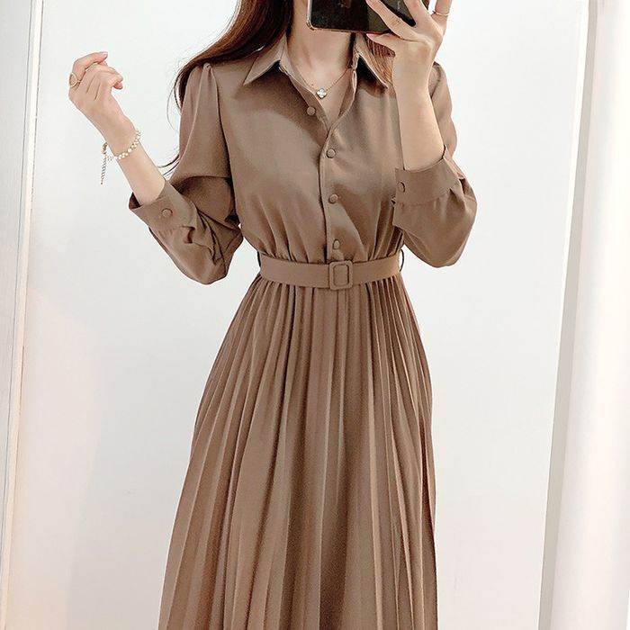 ワンピース スカート ミモレ丈 ロング丈 プリーツ 送料無料 襟付き 長袖 ボタン ウエストマーク レディース かわいい 大人可愛い きれいめ こなれ感 シンプル カジュアル 主役級 存在感 個性的 モダン フェミニン ベルト お出かけ ワンピース ブラウン ベージュ S M L XL