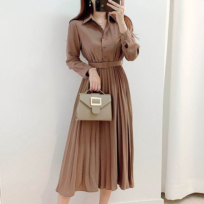 ワンピース スカート ミモレ丈 ロング丈 プリーツ 送料無料 襟付き 長袖 ボタン ウエストマーク レディース かわいい 大人可愛い きれいめ こなれ感 シンプル カジュアル 主役級 存在感 個性的 モダン フェミニン ベルト お出かけ ワンピース ブラウン ベージュ S M L XL