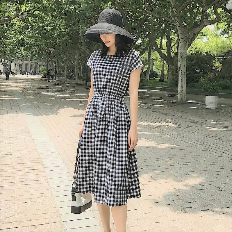 乐天商城 - ワンピース 膝丈 半袖 ラウンドネック セミフレア ウエストリボン ハイウエスト かわいい 大人可愛い きれいめ シンプル 大人 上品 おしゃれ レトロ 大人女子 ラブリー セクシー エレガント 主役級 存在感 フォーマル 格子柄 春 夏 ワンピース S M L XL 2XL 3XL 送料無料