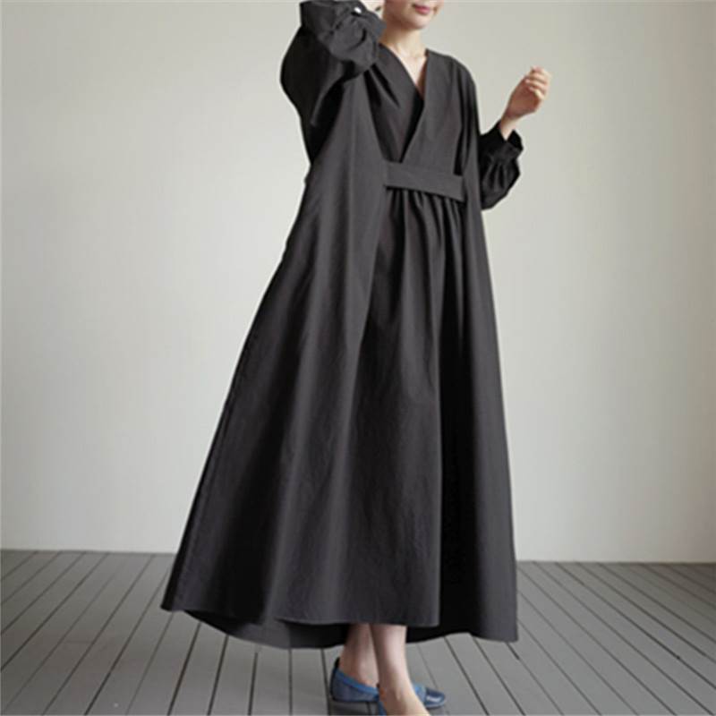 ワンピース ルーズウエスト ロング丈 無地 Vネック 長袖 ボリューム袖 ワイド 体型カバー フレア Iライン ウエストマーク かわいい 大人可愛い シンプル カジュアル おしゃれ アジアン 大人女子 こなれ感 マニッシュ キュート ワンピース 個性的 クール 存在感 送料無料