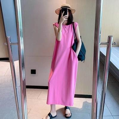 乐天商城 - ワンピース ロング丈 ノースリーブ クルーネック Iライン ゆったり バックスリット 背中見せ リラックス かわいい 大人可愛い きれいめ シンプル カジュアル 大人 上品 おしゃれ 大人可愛い 大人女子 こなれ感 ワンピース ラブリー キュート 無地 ピンク カーキ 送料無料