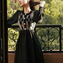 ワンピース ミモレ丈 フレア Aライン ハイウエスト 長袖 ボリューム袖 ラウンドネック 切り替えデザイン かわいい 大人可愛い おしゃれ レトロ 大人女子 こ...