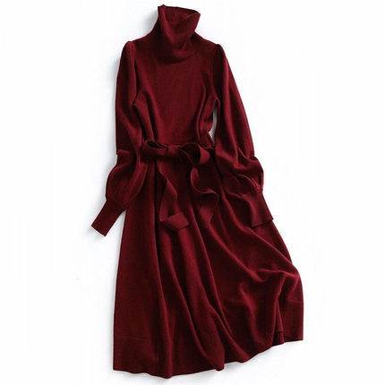 Rakuten - ワンピース ニット ミモレ丈 長袖 ボリューム袖 Aライン フレア タートルネック ウエストマーク ウエストリボン かわいい 大人可愛い きれいめ シンプル 大人 上品 おしゃれ かっこいい レトロ 大人女子 こなれ感 ワンピース ラブリー エレガント 主役級 存在感 送料無料