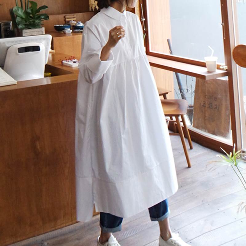 乐天商城 - シャツワンピース ミモレ丈 長袖 襟付き ストレート ワイド Aライン 切り替えデザイン ギャザー スリット ハイウエスト 前開き ボタン かわいい 大人可愛い きれいめ シンプル カジュアル おしゃれ シャツワンピース 大人女子 こなれ感 ラフ ガーリー ルーズ 送料無料