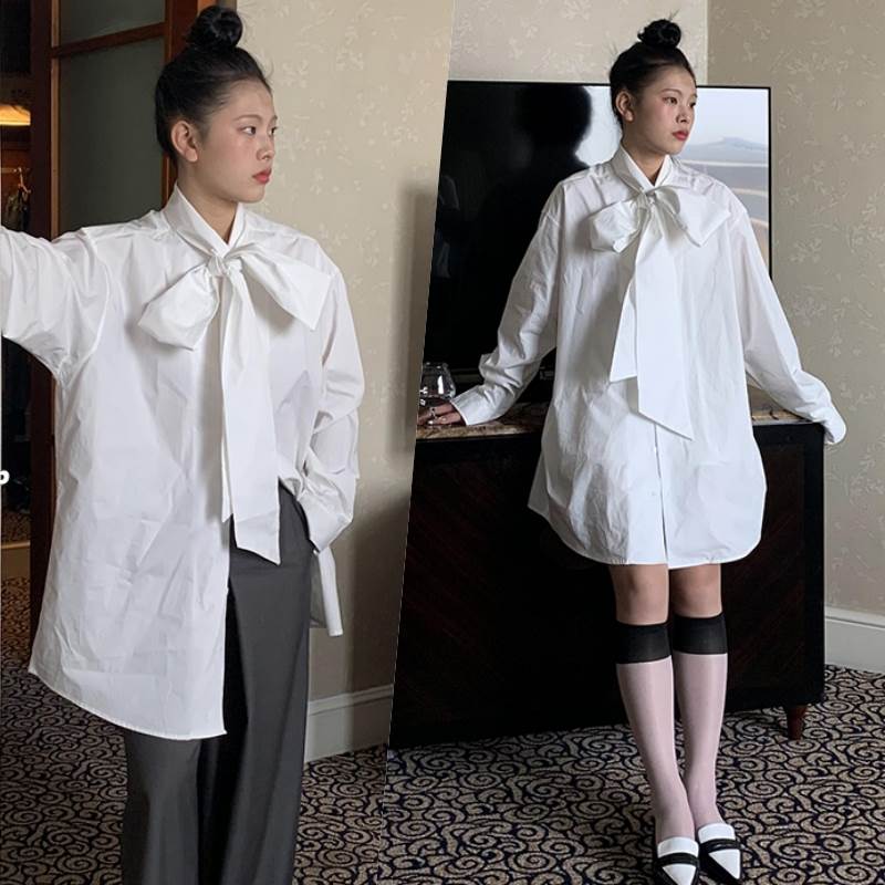Long-Sleeved - トップス ブラウス ロング丈 長袖 ドロップショルダー ボウタイ ストレート ワイド 前開き ボタン かわいい 大人可愛い きれいめ シンプル カジュアル 上品 おしゃれ 大人女子 こなれ感 ラフ ガーリー ルーズ ブラウス 個性的 無地 ビッグシルエット 学生 休日 送料無料