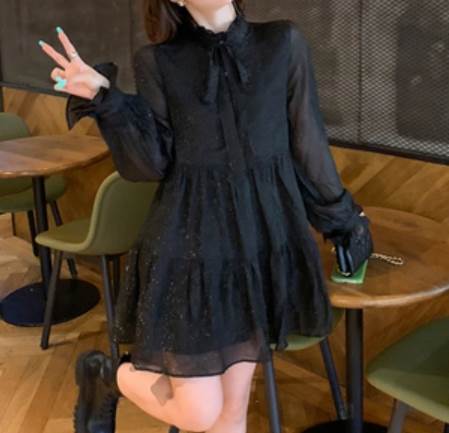 Other - ワンピース ミニ丈 前開き ボタン ボウタイ フェミニン レトロ エレガント シンプル セクシー デート シフォン 長袖 ハイネック フレア Aライン ハイウエスト 脚長 美脚 細見え 透け感 ふんわり お出かけ デート 休日 ワンピース 黒 アプリコットキラキラ 春 夏 送料無料