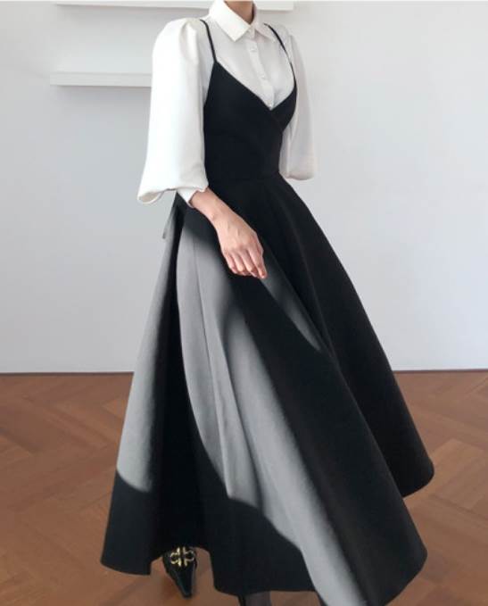 2点セット ワンピース ブラウス フレア Aライン ハイウエスト 袖なし ロング丈 7分袖 パフスリーブ 襟付き バックリボン 前開き ボタン ゆったり かわいい 無地 脚長 美脚 白 黒 レトロ 2点セット お出かけ 休日 イベント パーティー クロスバック 着回し モテ 送料無料